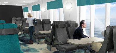 Man ser ut genom fönster i Sitting Lounge på shuttlefartyget Megastar